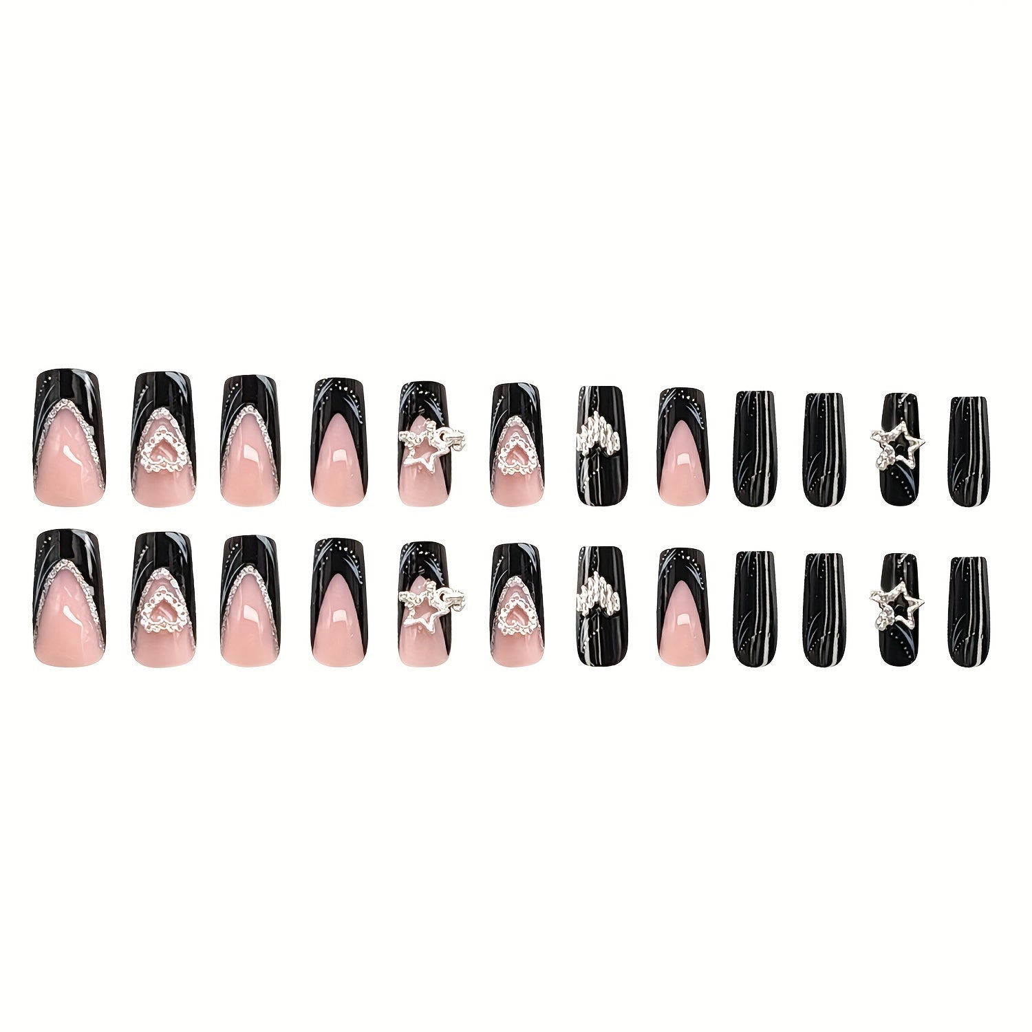 24pcs Set of Medium-Length Square Press-On Nails, Glossy Black French Tips with Sparkling Star and Heart Alloy Accents, Removable Acrylic Fake Nails Kit with Jelly Glue & Nail File - Perfect for DIY Manicure